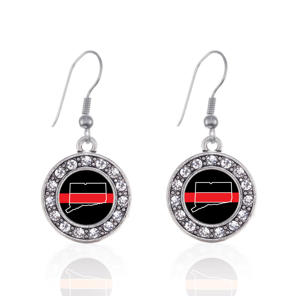 Silver Connecticut Thin Red Line Circle Charm Dangle Earrings