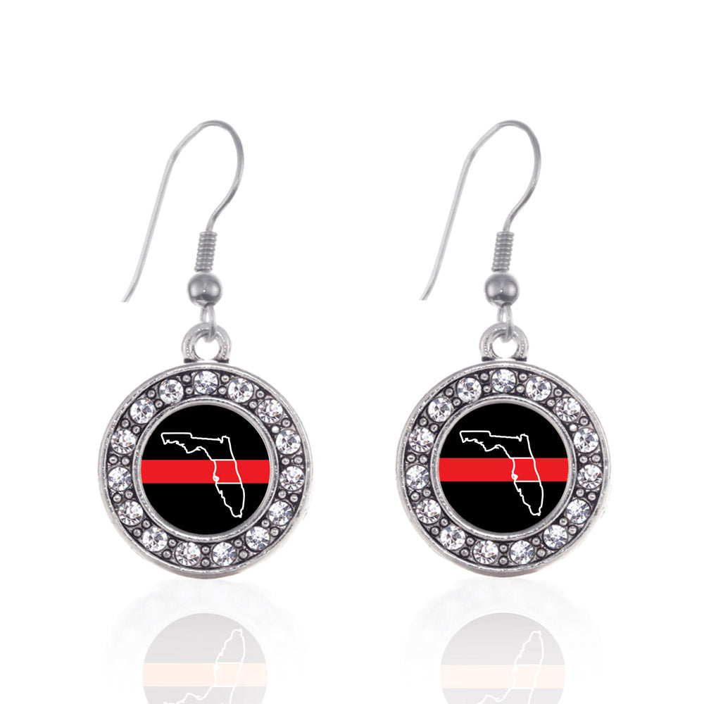 Silver Florida Thin Red Line Circle Charm Dangle Earrings
