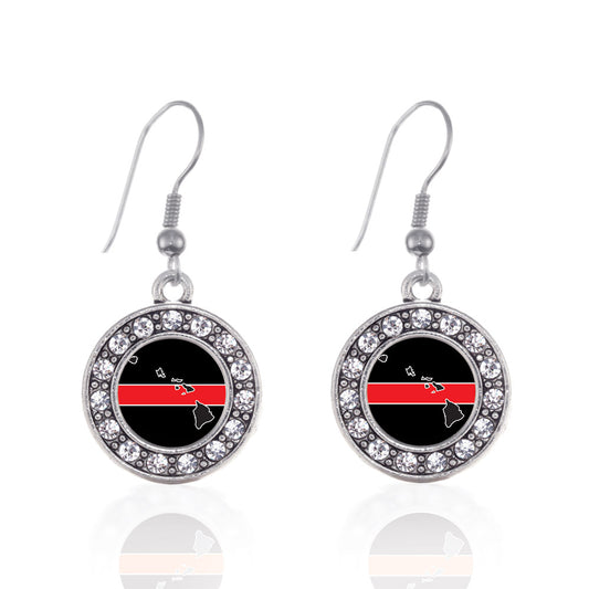 Silver Hawaii Thin Red Line Circle Charm Dangle Earrings