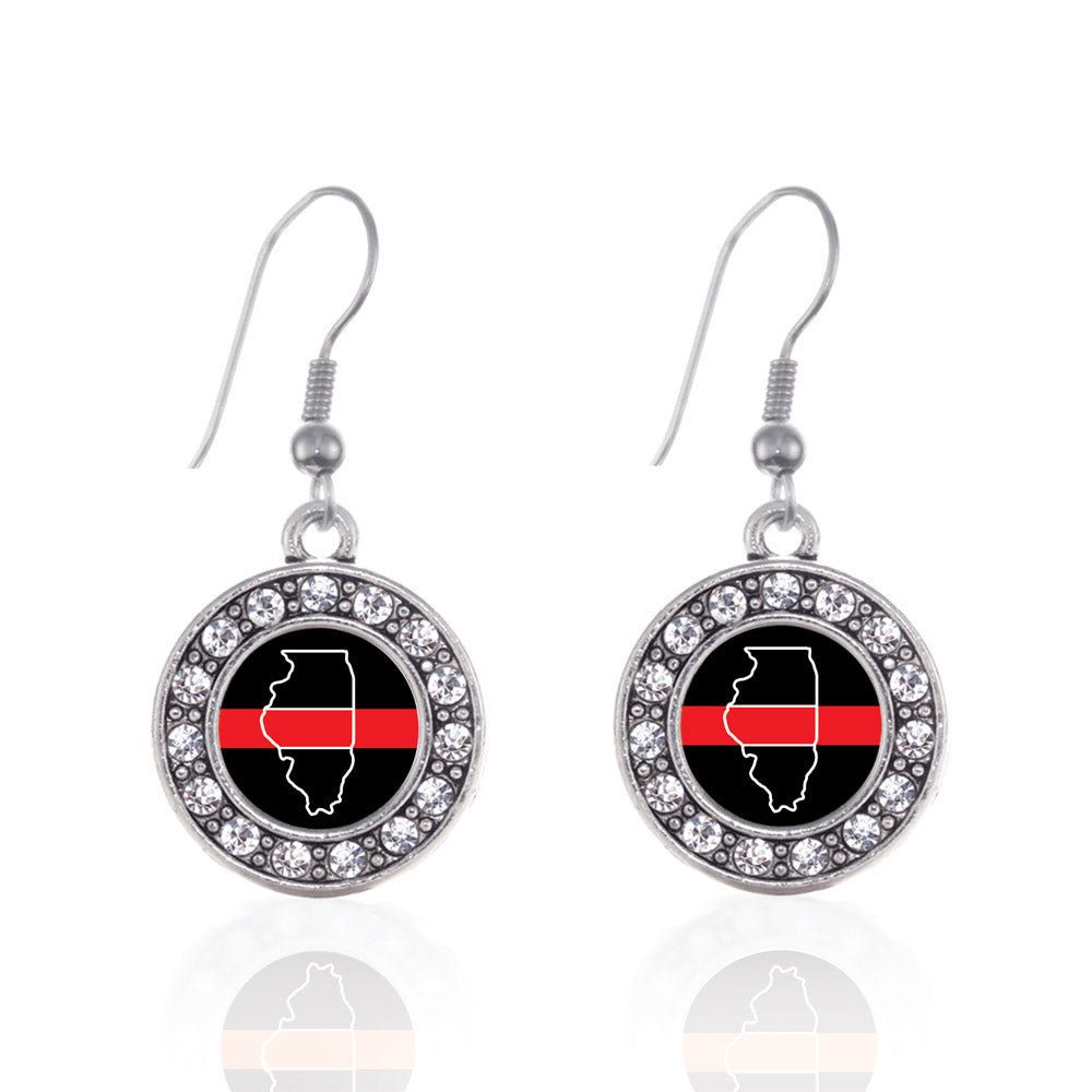 Silver Illinois Thin Red Line Circle Charm Dangle Earrings