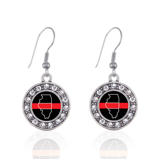 Silver Illinois Thin Red Line Circle Charm Dangle Earrings