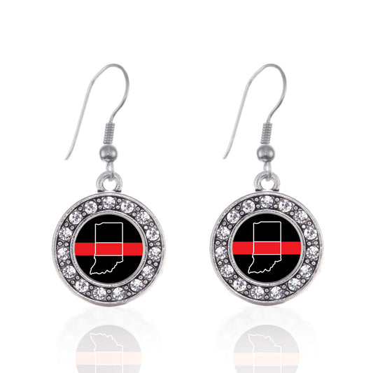 Silver Indiana Thin Red Line Circle Charm Dangle Earrings