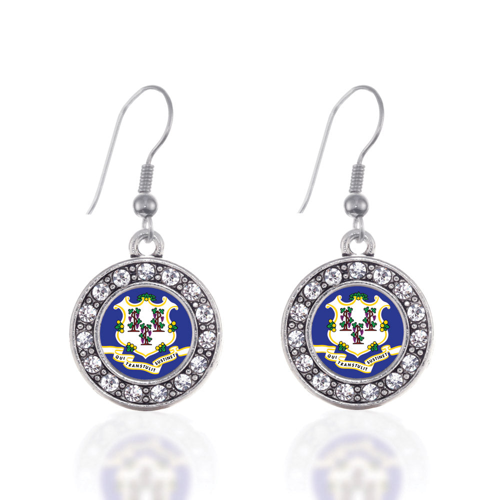 Silver Connecticut Flag Circle Charm Dangle Earrings