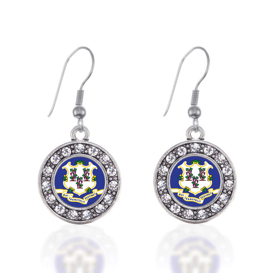 Silver Connecticut Flag Circle Charm Dangle Earrings