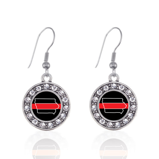 Silver Iowa Thin Red Line Circle Charm Dangle Earrings