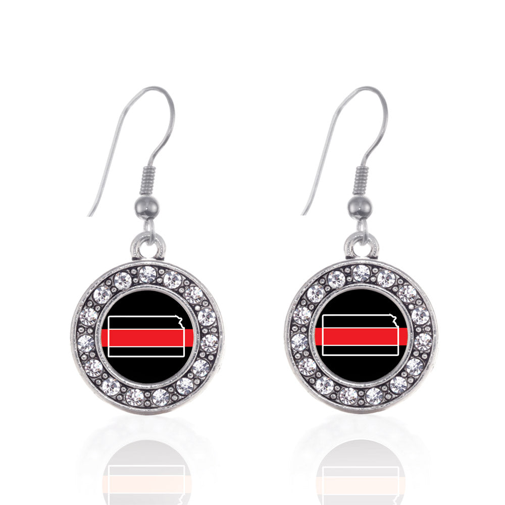 Silver Kansas Thin Red Line Circle Charm Dangle Earrings