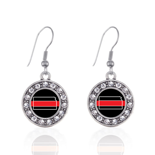 Silver Kansas Thin Red Line Circle Charm Dangle Earrings