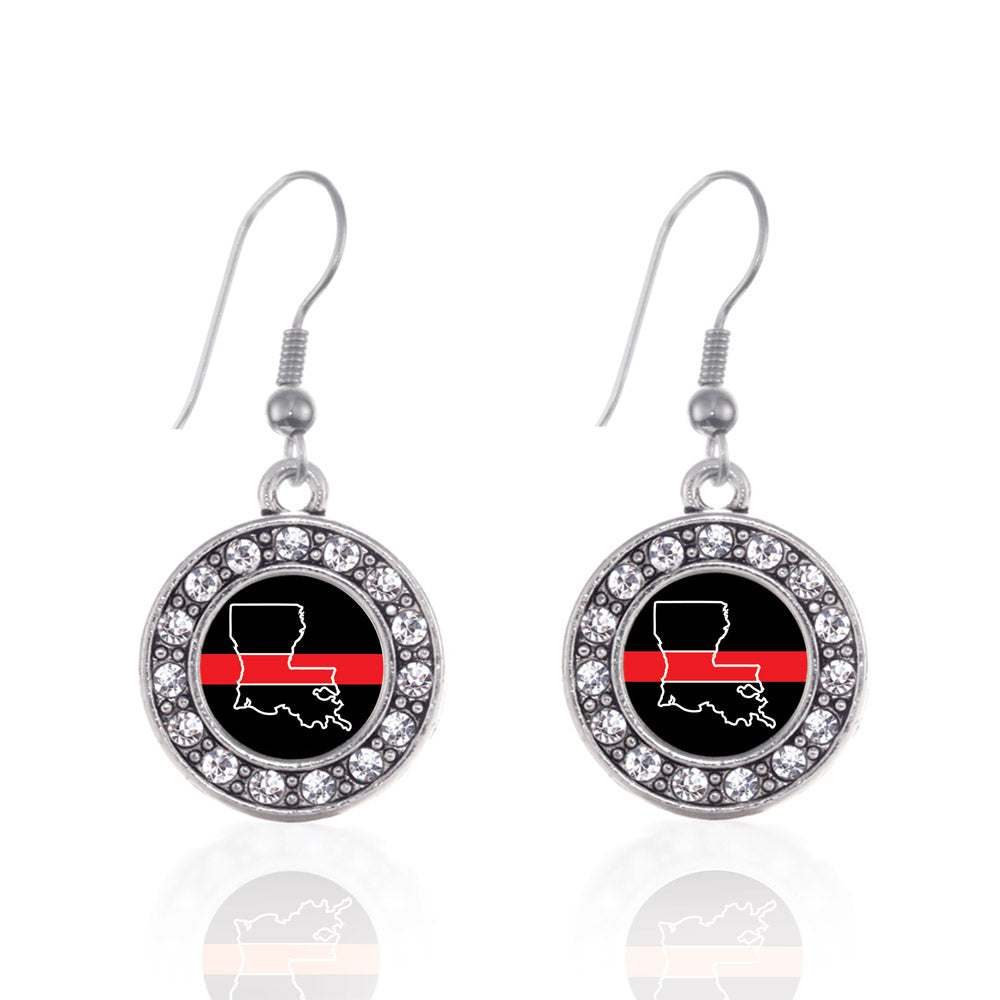 Silver Louisiana Thin Red Line Circle Charm Dangle Earrings