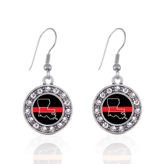 Silver Louisiana Thin Red Line Circle Charm Dangle Earrings