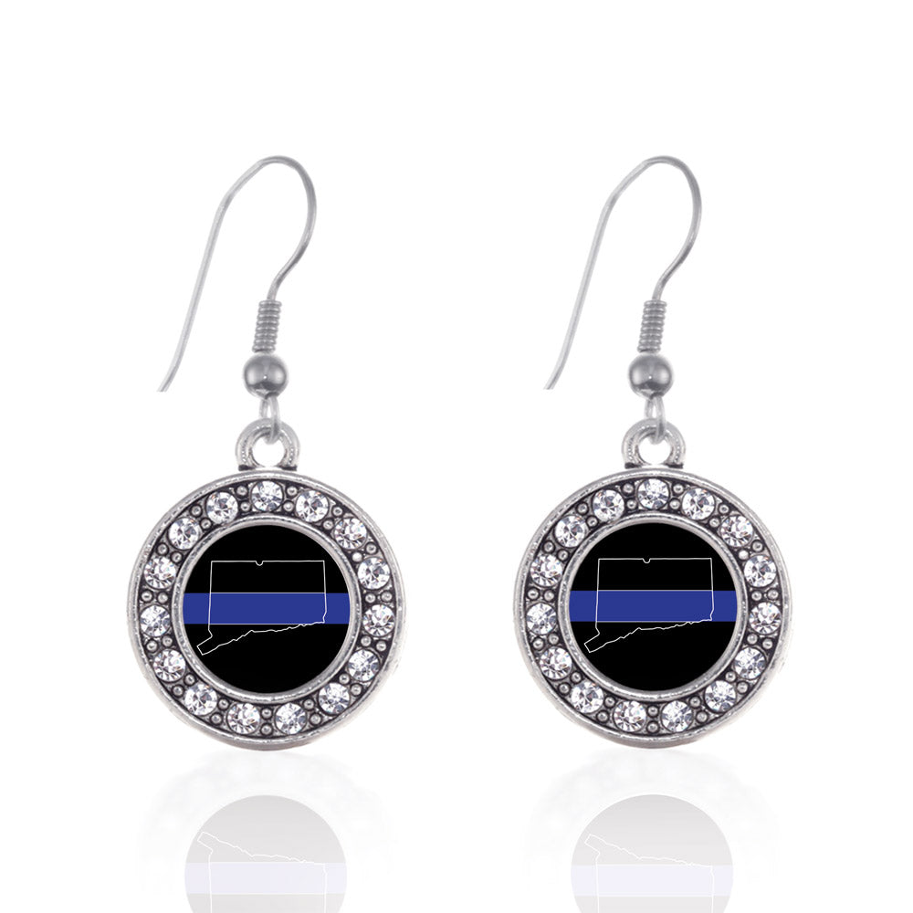 Silver Connecticut Thin Blue Line Circle Charm Dangle Earrings