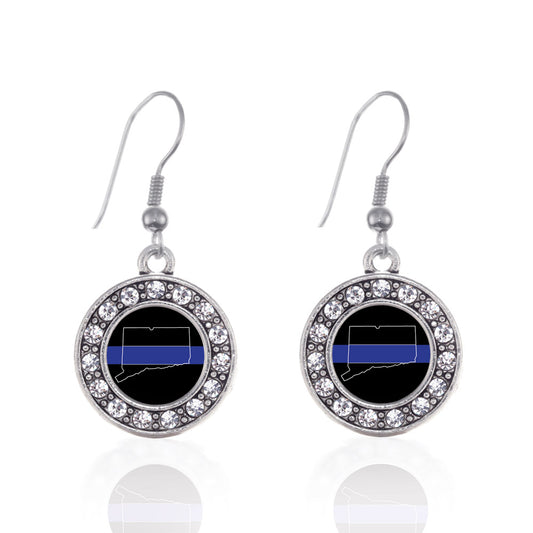 Silver Connecticut Thin Blue Line Circle Charm Dangle Earrings