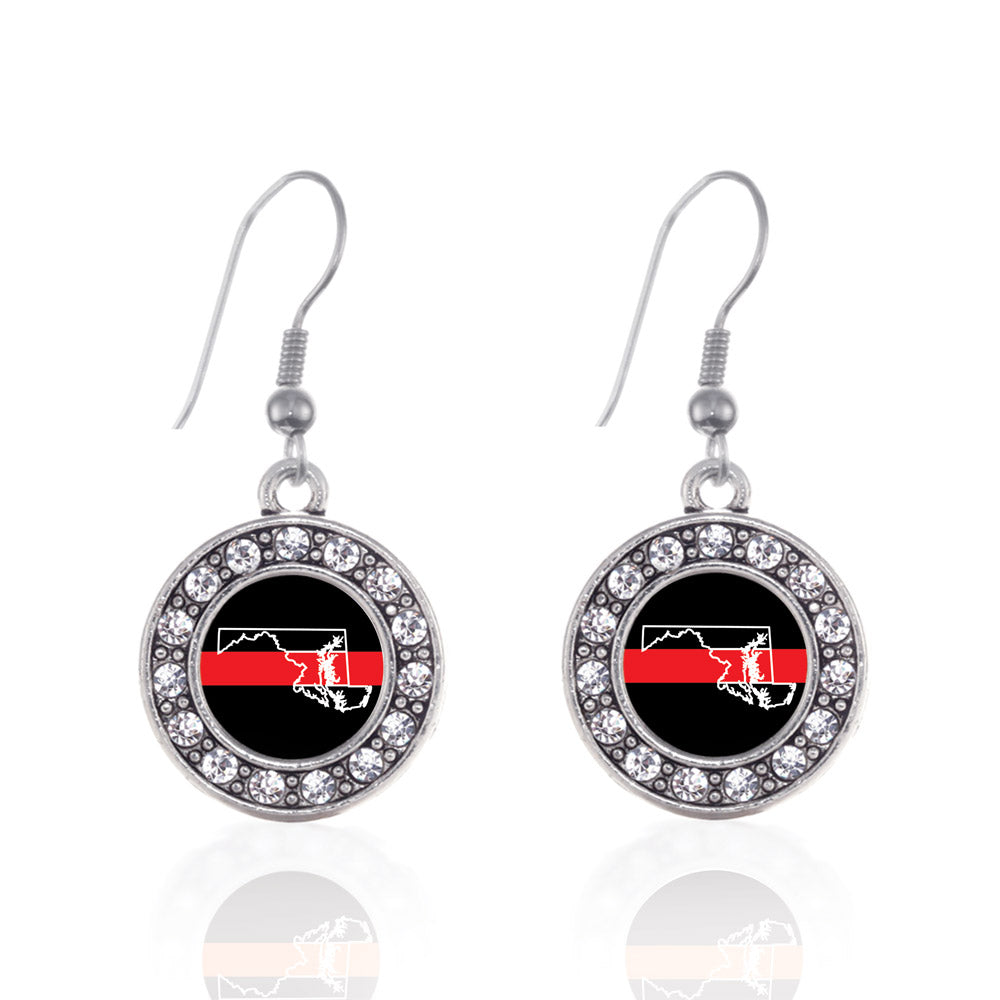 Silver Maryland Thin Red Line Circle Charm Dangle Earrings