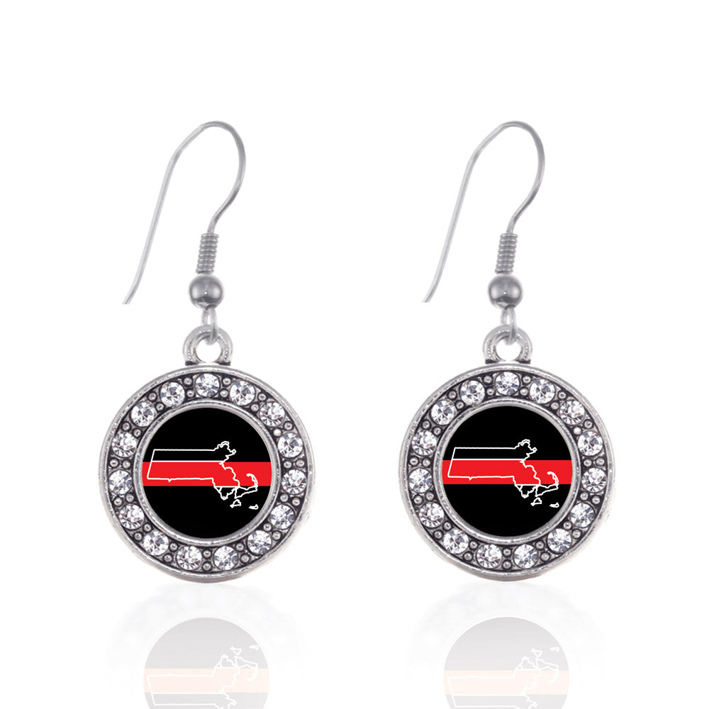 Silver Massachusetts Thin Red Line Circle Charm Dangle Earrings