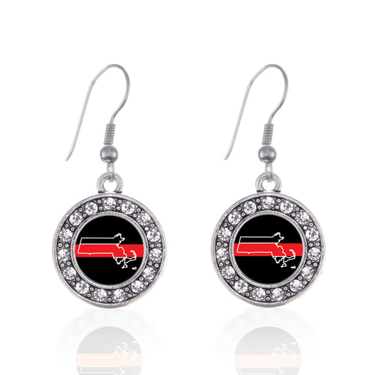 Silver Massachusetts Thin Red Line Circle Charm Dangle Earrings
