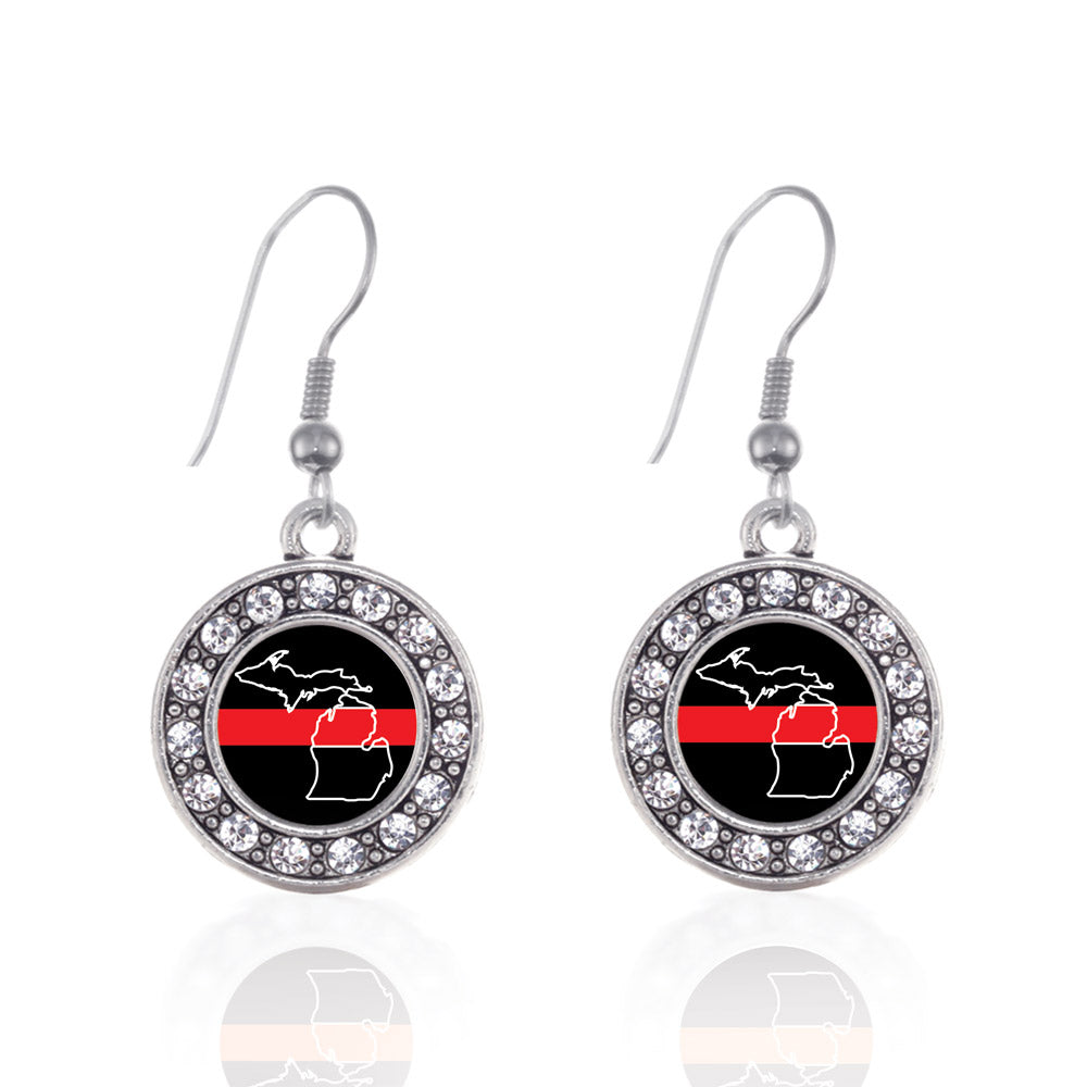 Silver Michigan Thin Red Line Circle Charm Dangle Earrings