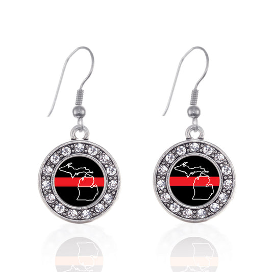 Silver Michigan Thin Red Line Circle Charm Dangle Earrings