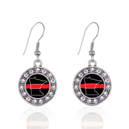 Silver Minnesota Thin Red Line Circle Charm Dangle Earrings