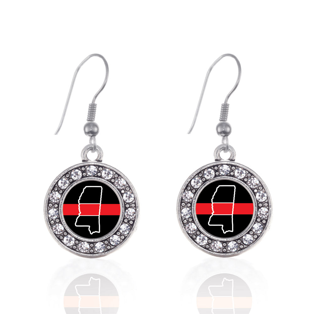 Silver Mississippi Thin Red Line Circle Charm Dangle Earrings