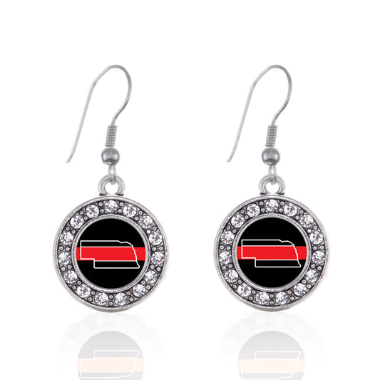 Silver Nebraska Thin Red Line Circle Charm Dangle Earrings