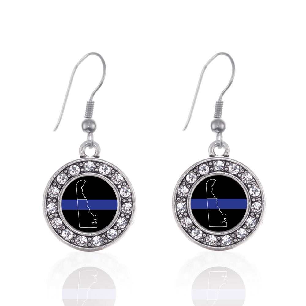 Silver Delaware Thin Blue Line Circle Charm Dangle Earrings