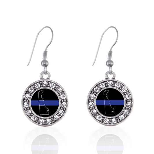 Silver Delaware Thin Blue Line Circle Charm Dangle Earrings