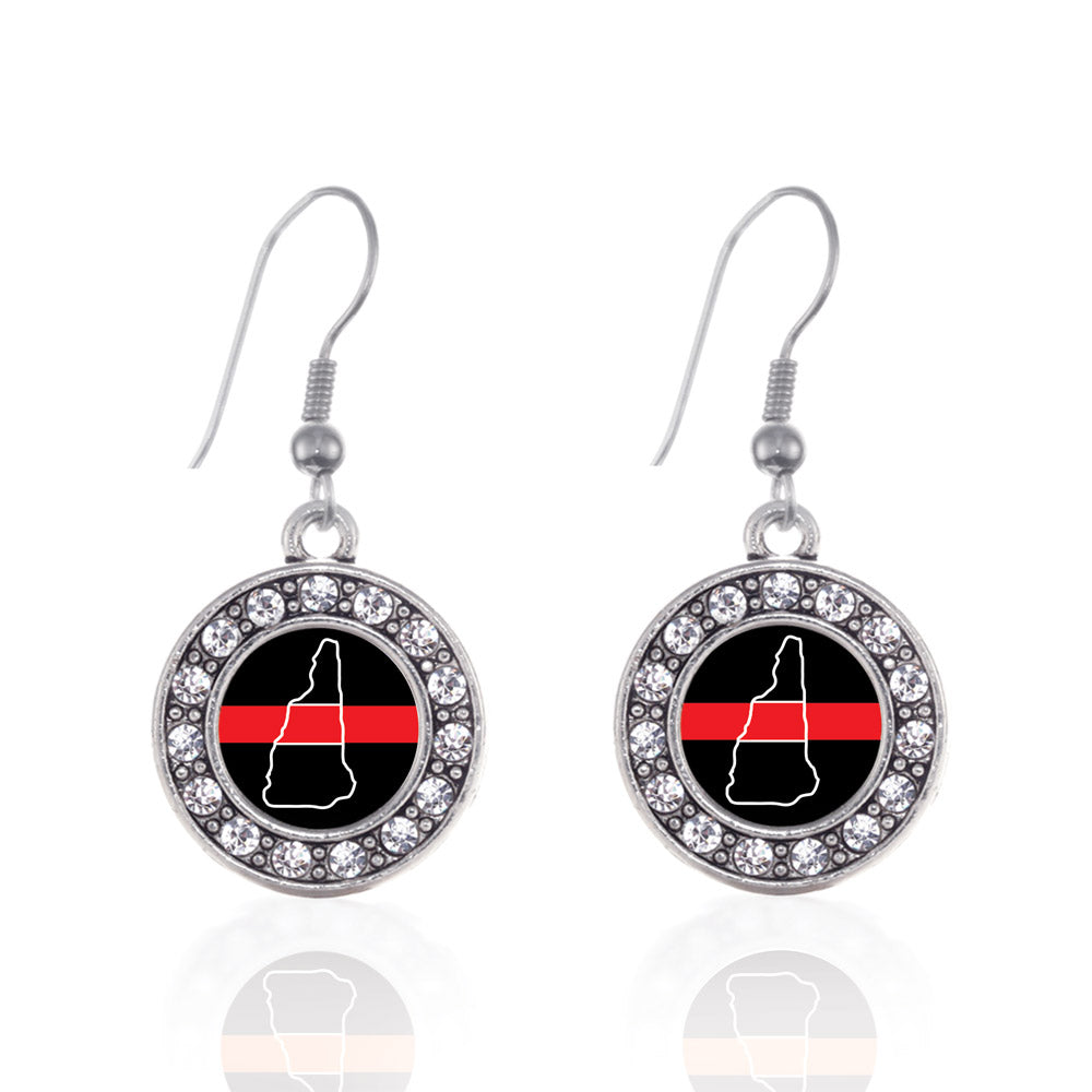 Silver New Hampshire Thin Red Line Circle Charm Dangle Earrings
