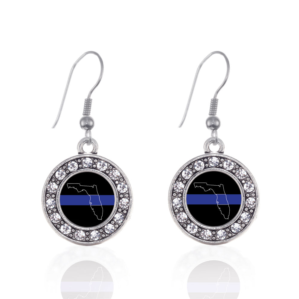 Silver Florida Thin Blue Line Circle Charm Dangle Earrings