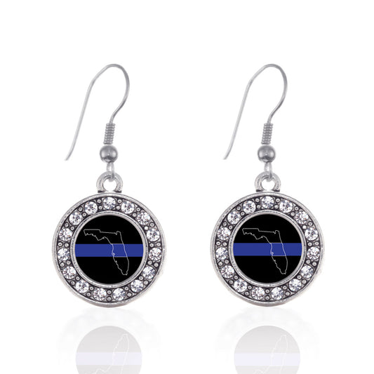 Silver Florida Thin Blue Line Circle Charm Dangle Earrings