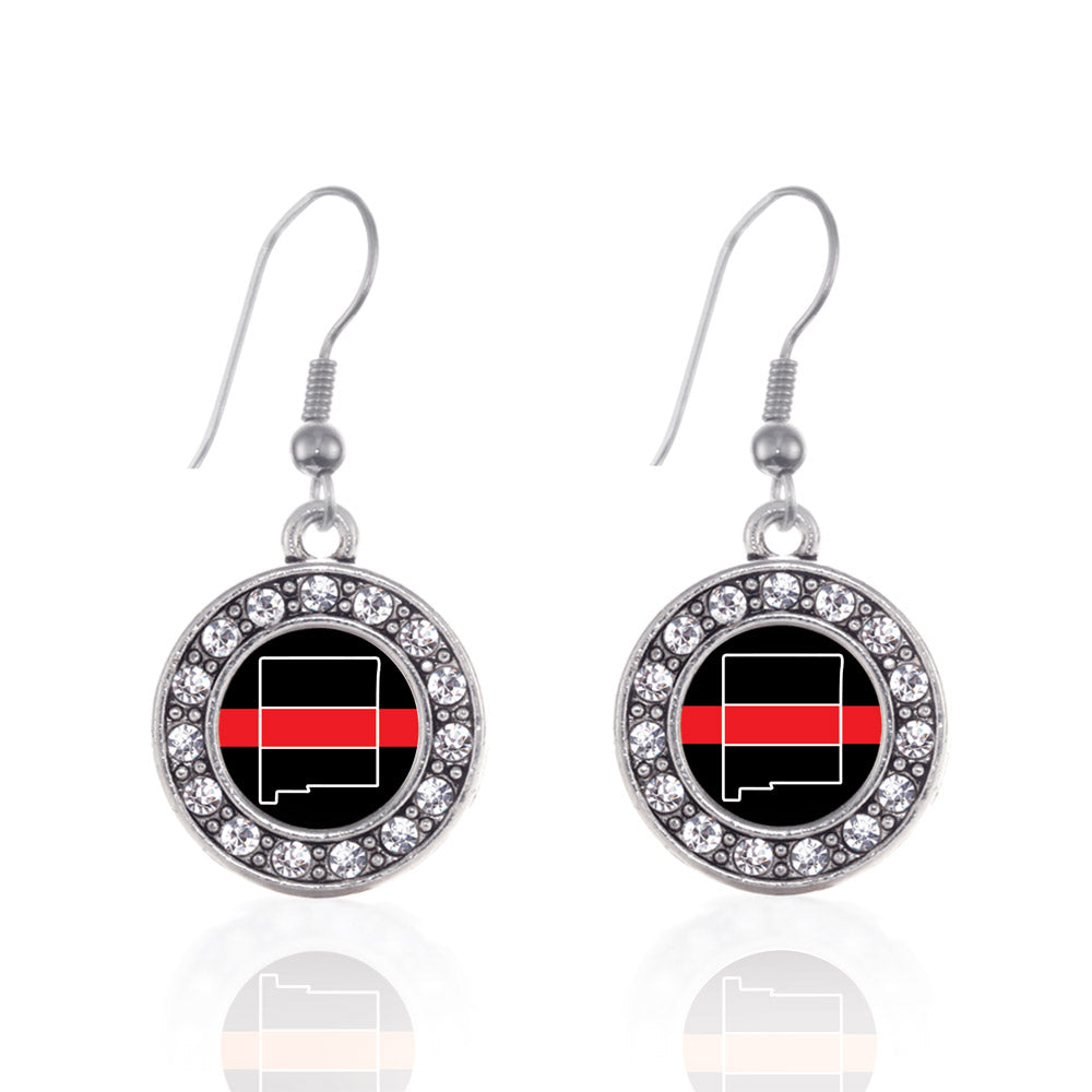 Silver New Mexico Thin Red Line Circle Charm Dangle Earrings