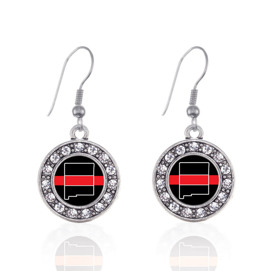 Silver New Mexico Thin Red Line Circle Charm Dangle Earrings