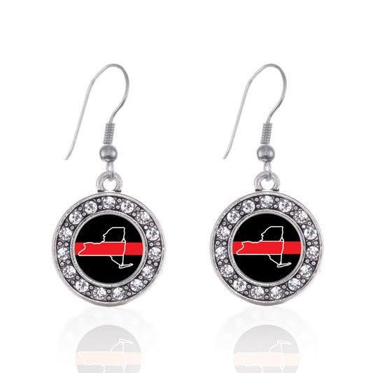 Silver New York Thin Red Line Circle Charm Dangle Earrings