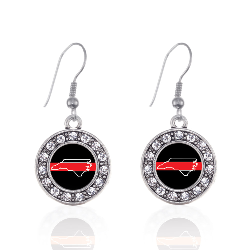 Silver North Carolina Thin Red Line Circle Charm Dangle Earrings