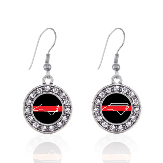 Silver North Carolina Thin Red Line Circle Charm Dangle Earrings