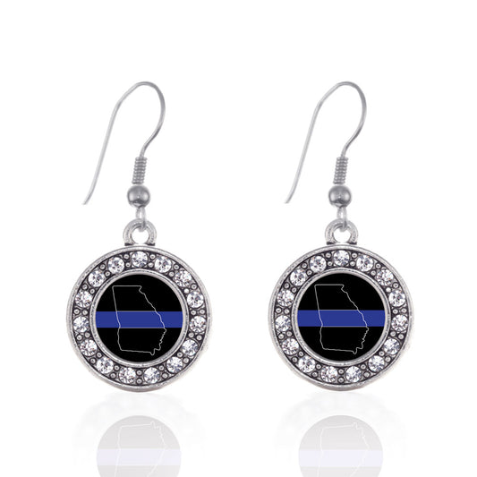 Silver Georgia Thin Blue Line Circle Charm Dangle Earrings