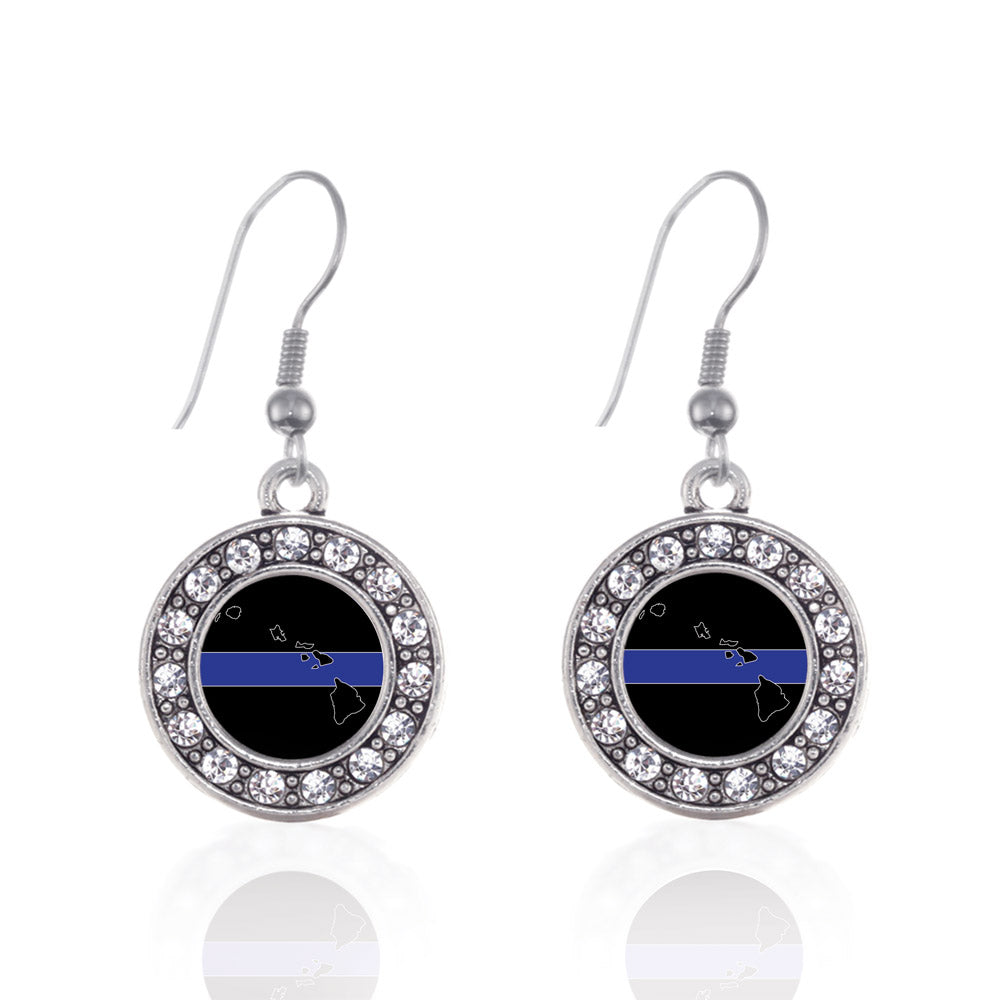 Silver Hawaii Thin Blue Line Circle Charm Dangle Earrings