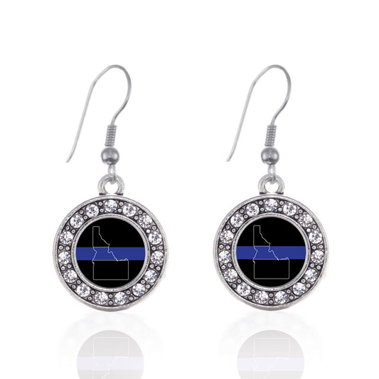 Silver Idaho Thin Blue Line Circle Charm Dangle Earrings