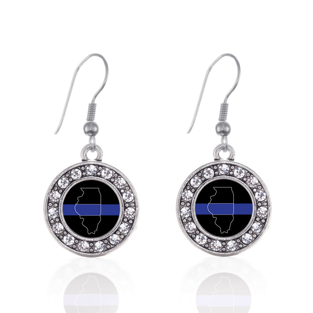 Silver Illinois Thin Blue Line Circle Charm Dangle Earrings
