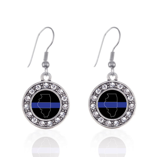Silver Illinois Thin Blue Line Circle Charm Dangle Earrings