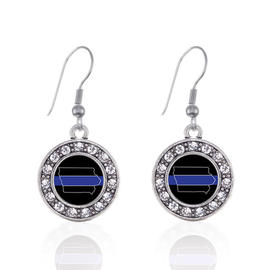 Silver Iowa Thin Blue Line Circle Charm Dangle Earrings