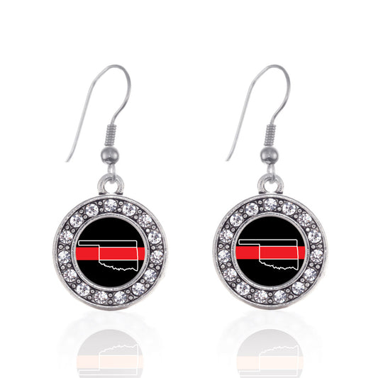 Silver Oklahoma Thin Red Line Circle Charm Dangle Earrings