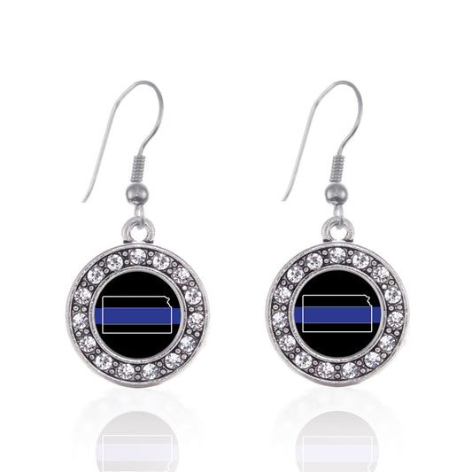 Silver Kansas Thin Blue Line Circle Charm Dangle Earrings