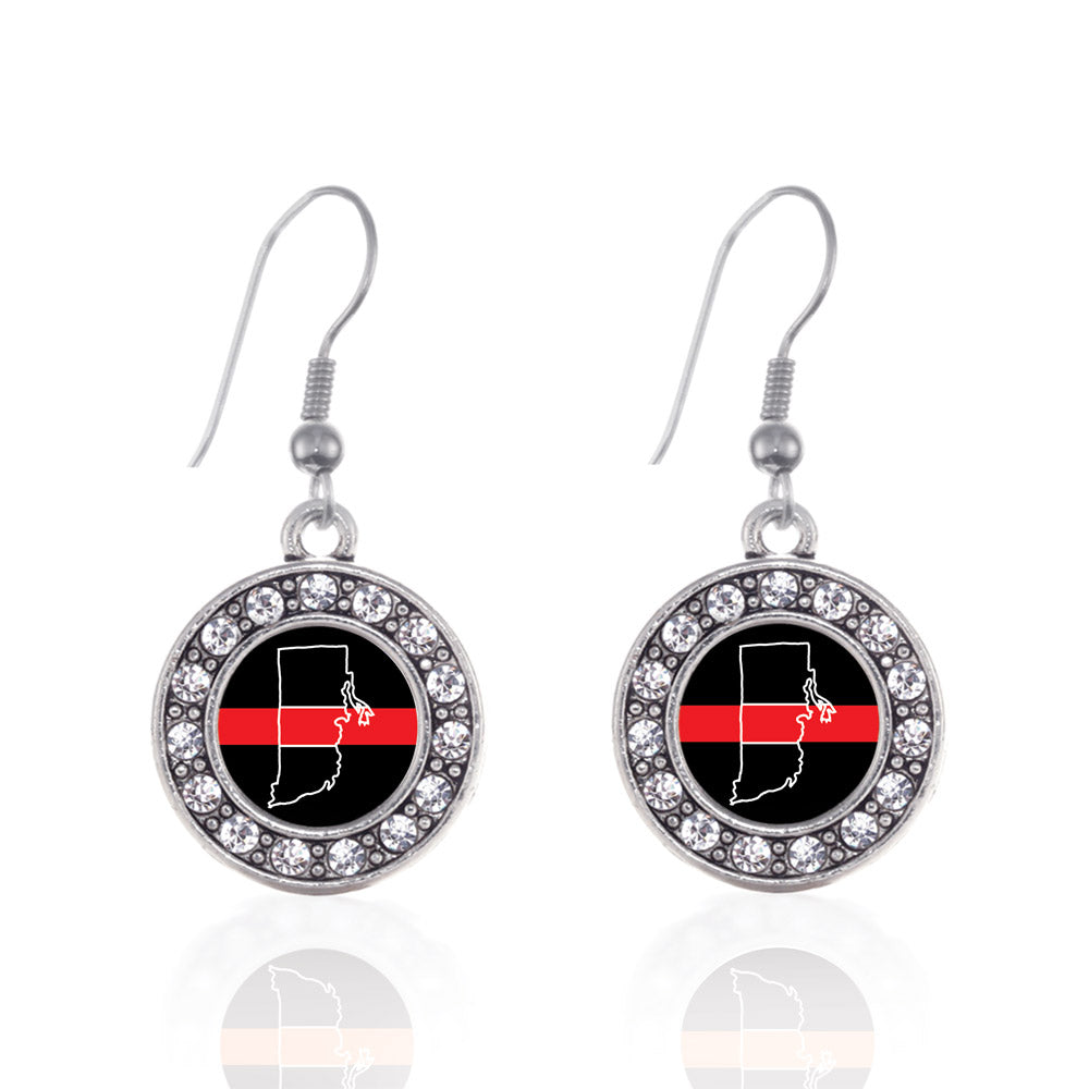 Silver Rhode Island Thin Red Line Circle Charm Dangle Earrings