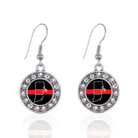 Silver Rhode Island Thin Red Line Circle Charm Dangle Earrings