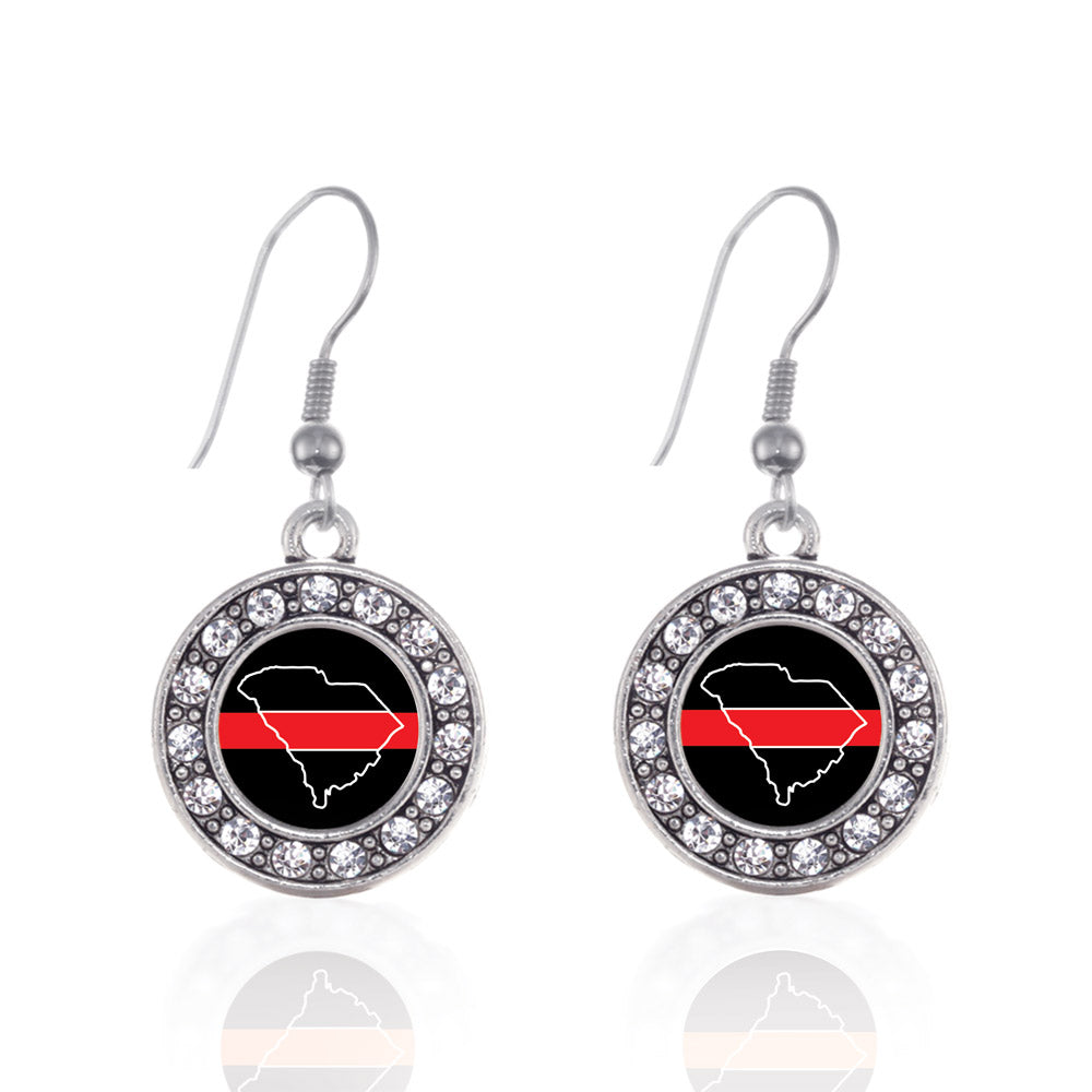 Silver South Carolina Thin Red Line Circle Charm Dangle Earrings