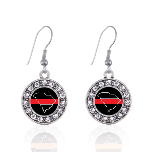 Silver South Carolina Thin Red Line Circle Charm Dangle Earrings