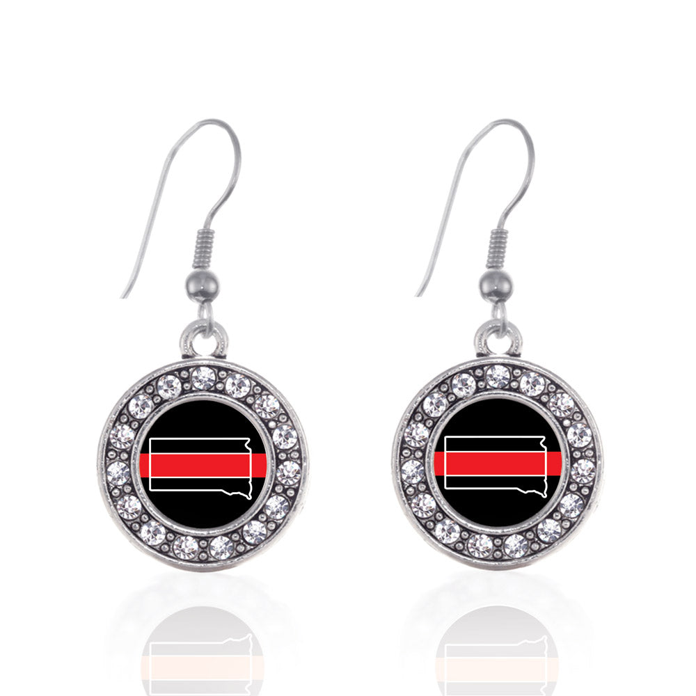Silver South Dakota Thin Red Line Circle Charm Dangle Earrings