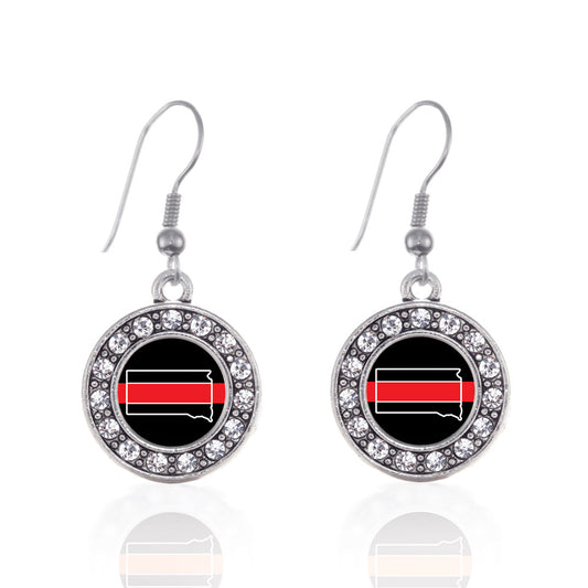 Silver South Dakota Thin Red Line Circle Charm Dangle Earrings