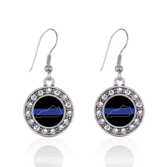 Silver Kentucky Thin Blue Line Circle Charm Dangle Earrings