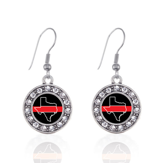 Silver Texas Thin Red Line Circle Charm Dangle Earrings