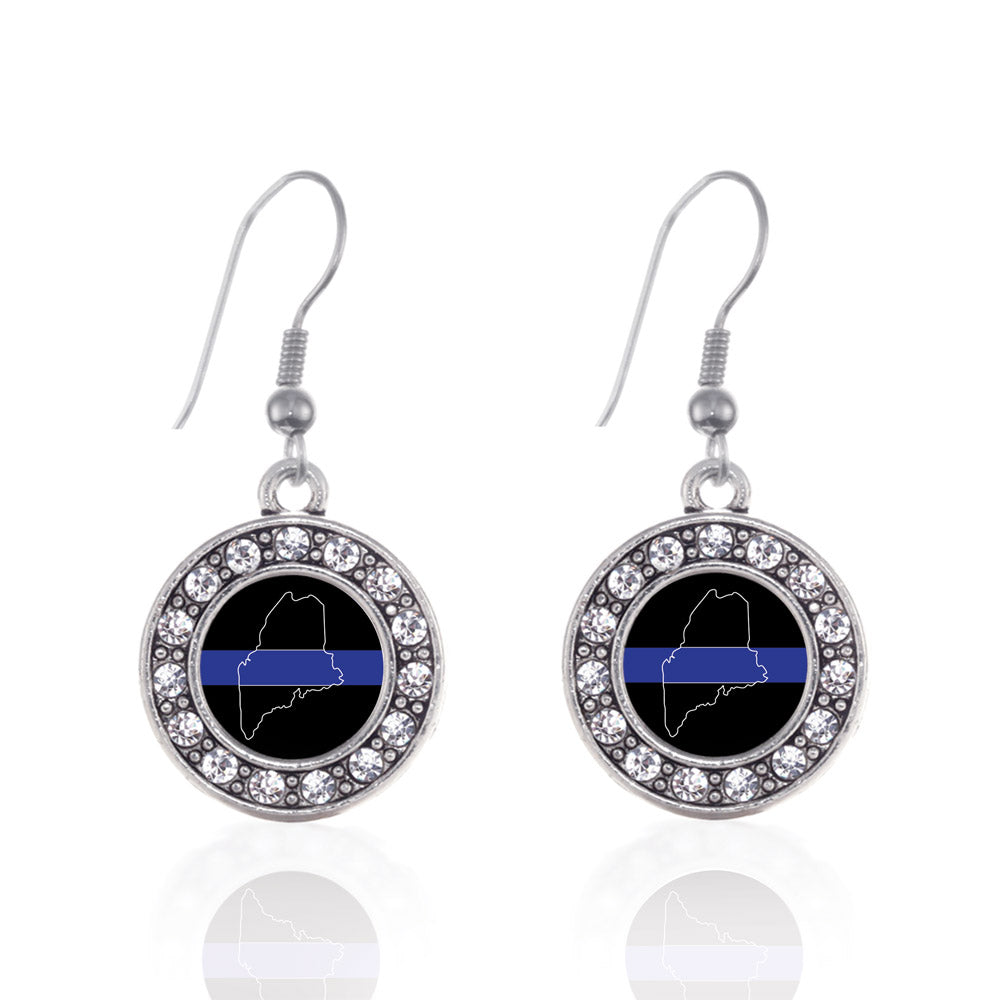 Silver Maine Thin Blue Line Circle Charm Dangle Earrings